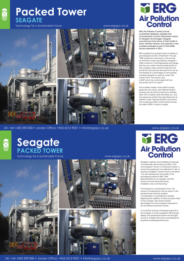 Packed tower scrubber solvent abatement system installed for Seagate hard drive manufacturing facility by ERG Air Pollution Control