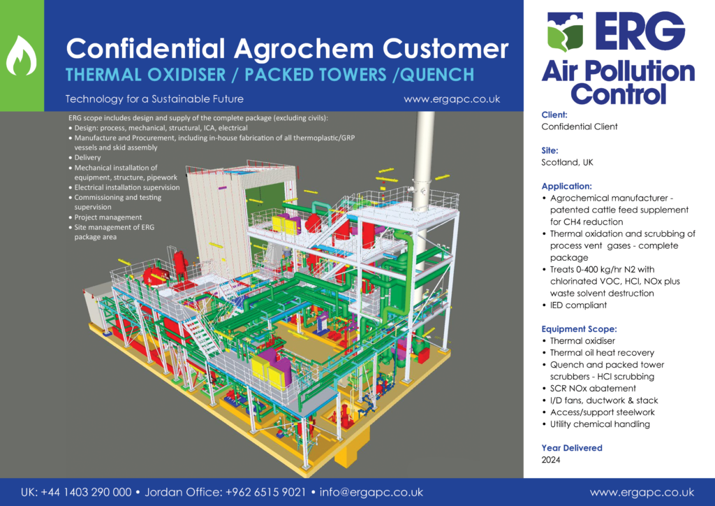 Thermal oxidiser and packed tower scrubber system for confidential agrochemical manufacturer in Scotland with quench, SCR NOx abatement and heat recovery