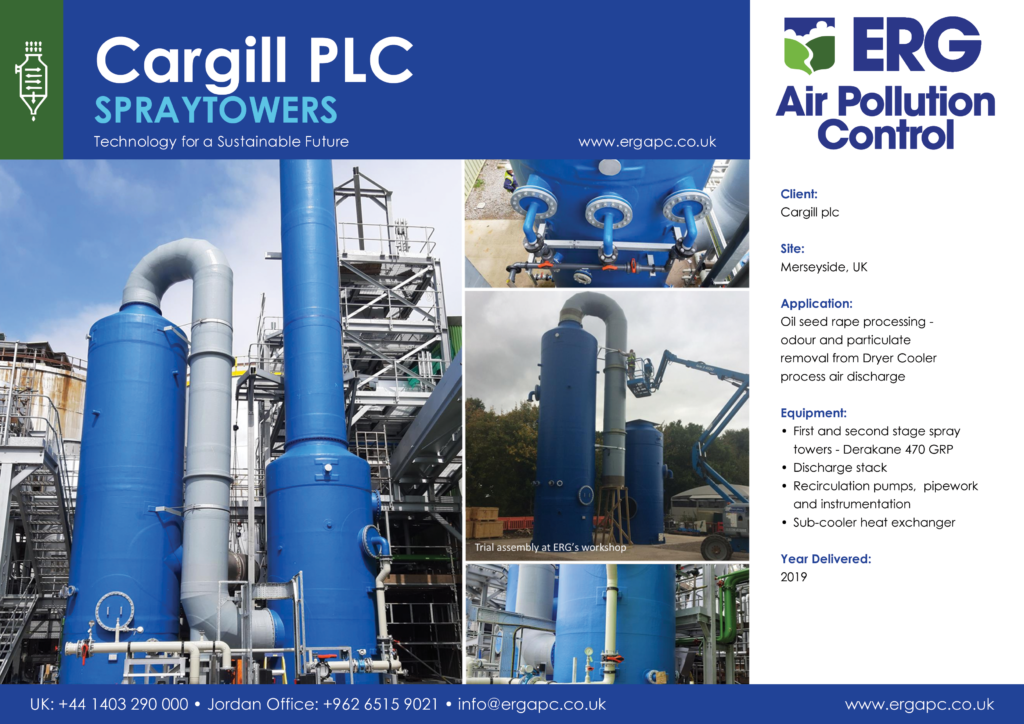 Cargill PLC spray tower odour and particulate removal system installed at Merseyside UK oilseed processing facility with GRP spray towers and discharge stack