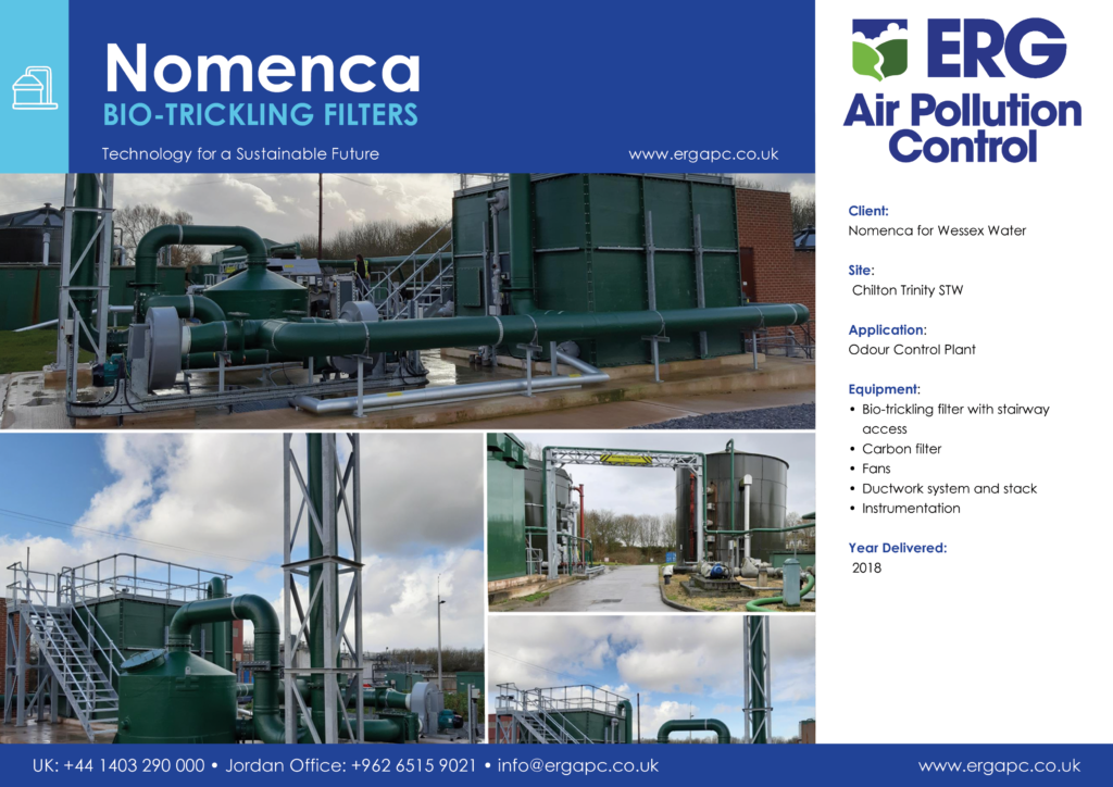 Nomenca bio-trickling filter and carbon filter odour control plant installed at Chilton Trinity STW for Wessex Water wastewater treatment facility