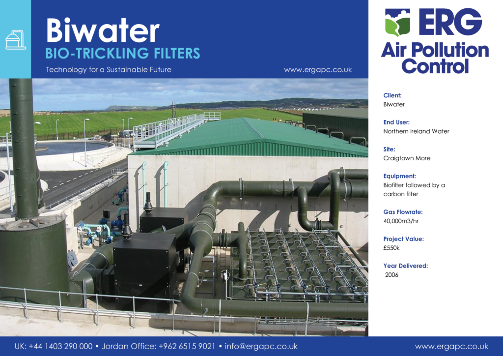 Biwater bio-trickling filter and carbon filter odour control system installed at Craigtown More wastewater treatment facility for Northern Ireland Water