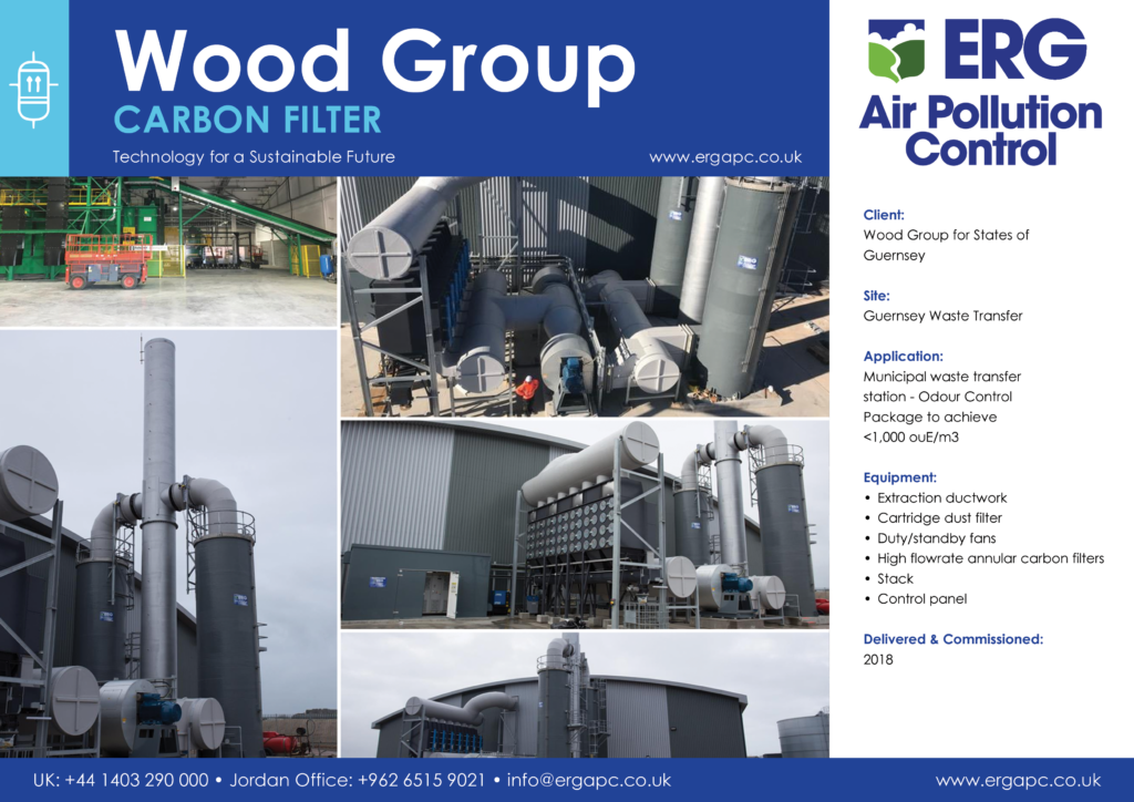 Wood Group annular carbon filter odour control system installed at Guernsey waste transfer station with high-flow carbon filtration and extraction ductwork