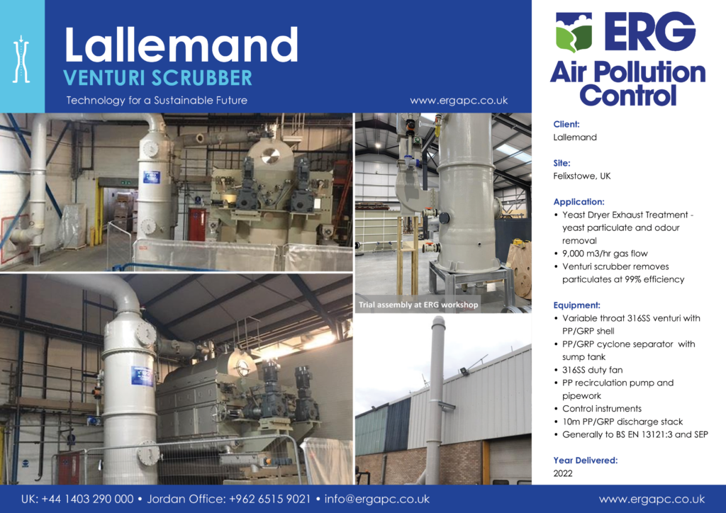 Lallemand venturi scrubber system for yeast dryer exhaust treatment installed at Felixstowe UK facility for particulate and odour removal