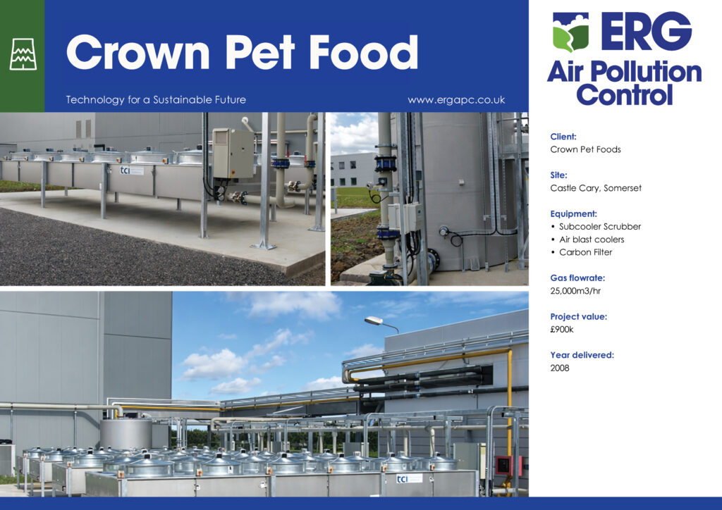 Crown Pet Foods odour control system including subcooler scrubber, air blast coolers, and carbon filter installed at Castle Cary Somerset production facility