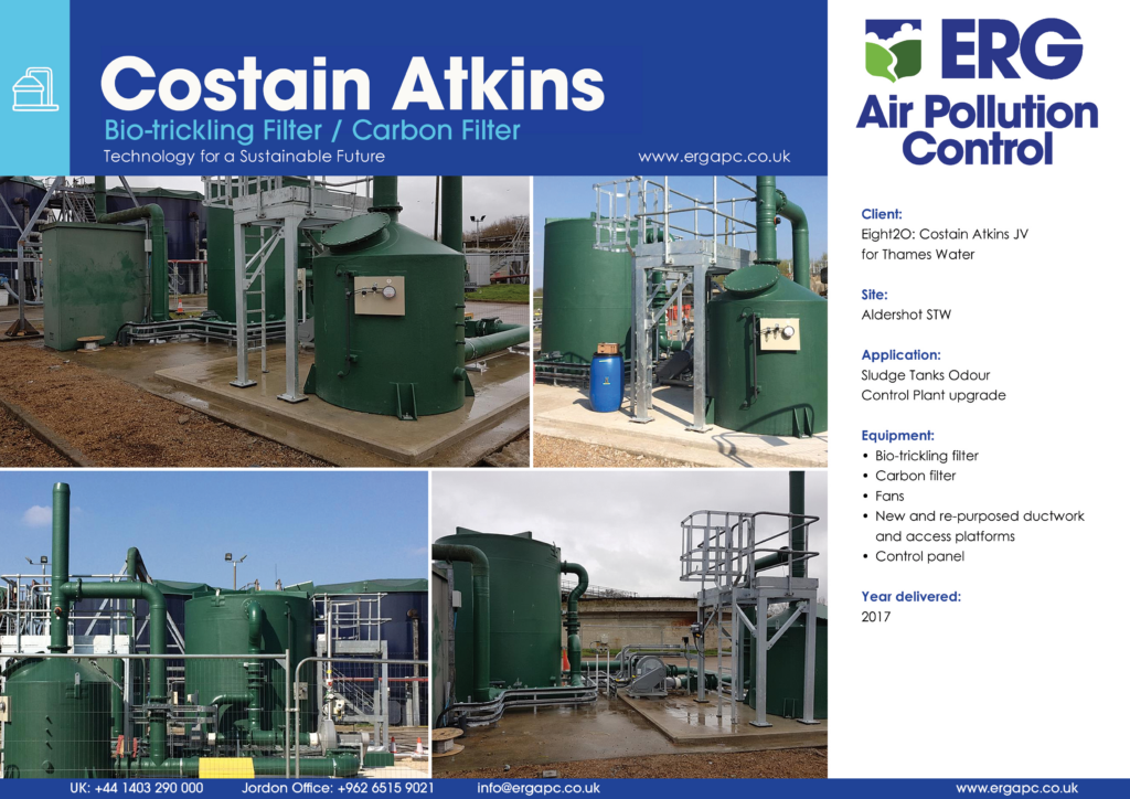 Costain Atkins bio-trickling filter and carbon filter installation for sludge tank odour control at Aldershot sewage treatment works