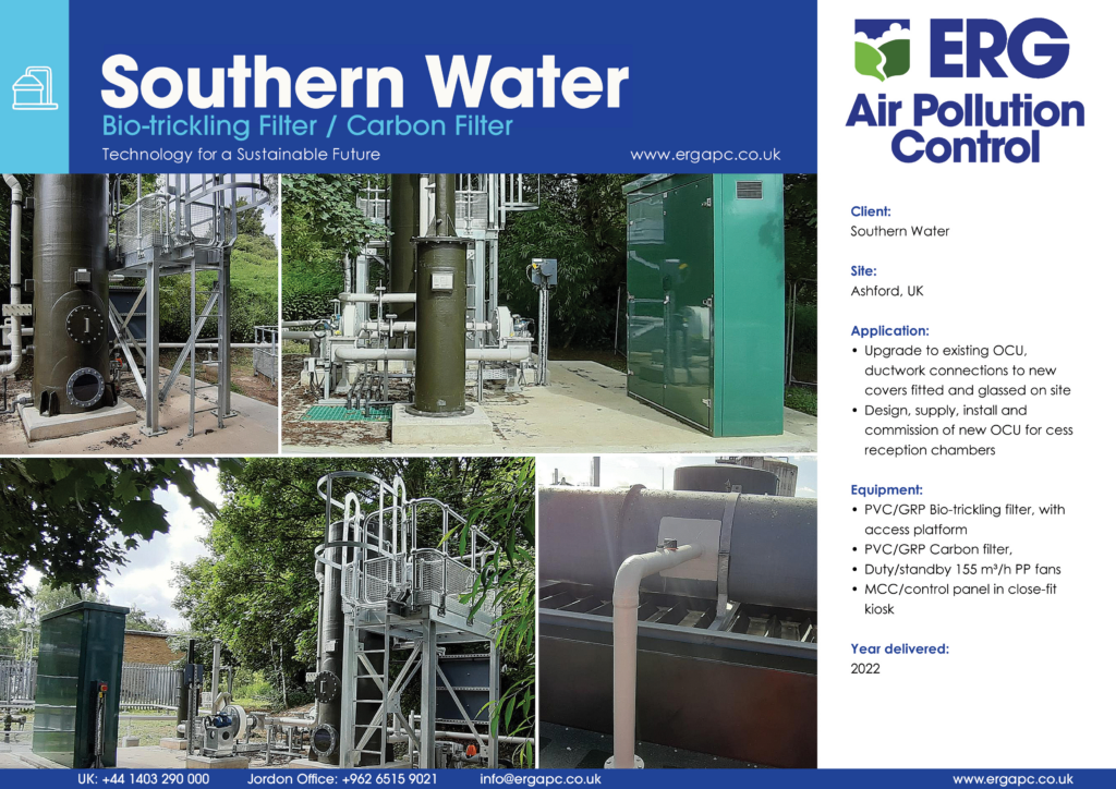 Southern Water bio-trickling filter and carbon filter odour control unit installation at Ashford UK wastewater treatment site