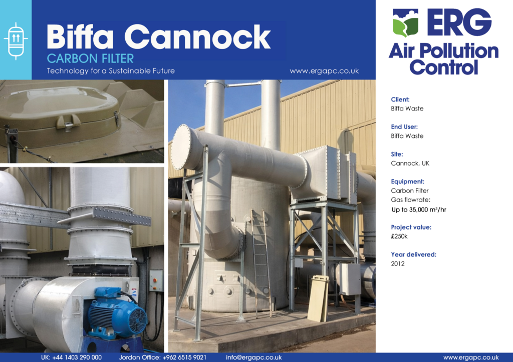 Biffa Waste carbon filter odour control system installed at Cannock UK waste management facility with high-capacity gas treatment equipment