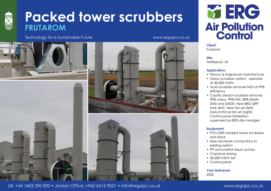 Frutarom packed tower scrubbers and stack system installed at Hartlepool UK flavours and fragrances manufacturing site for industrial odour control