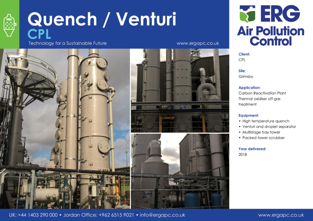 CPL high temperature quench and venturi scrubber system installed at Grimsby carbon reactivation plant for thermal oxidiser off-gas treatment