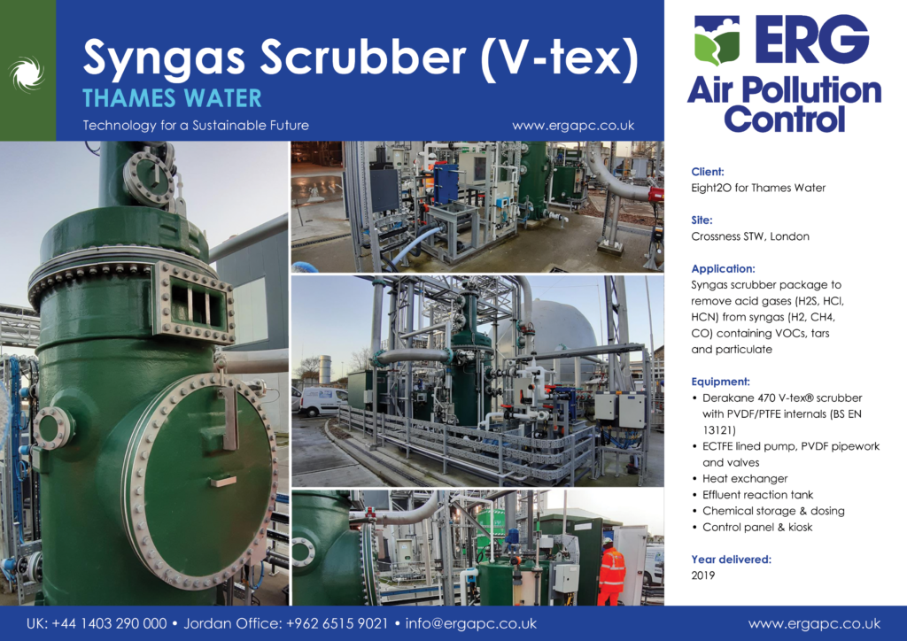 Thames Water syngas scrubber V-tex system installed at Crossness STW London for removal of acid gases and VOCs from syngas stream