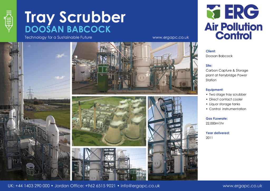 Doosan Babcock two-stage tray scrubber system installed at Ferrybridge carbon capture and storage plant with direct contact cooler and process stack