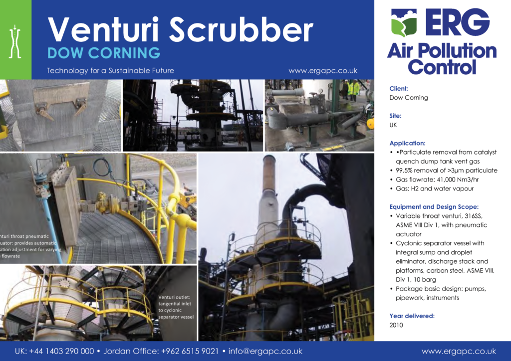 Dow Corning venturi scrubber system for particulate removal from catalyst quench dump tank vent gas with cyclonic separator and stack