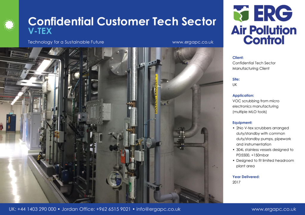 V-tex VOC scrubber system for confidential UK tech sector microelectronics manufacturing facility with stainless steel vessels and duty standby configuration