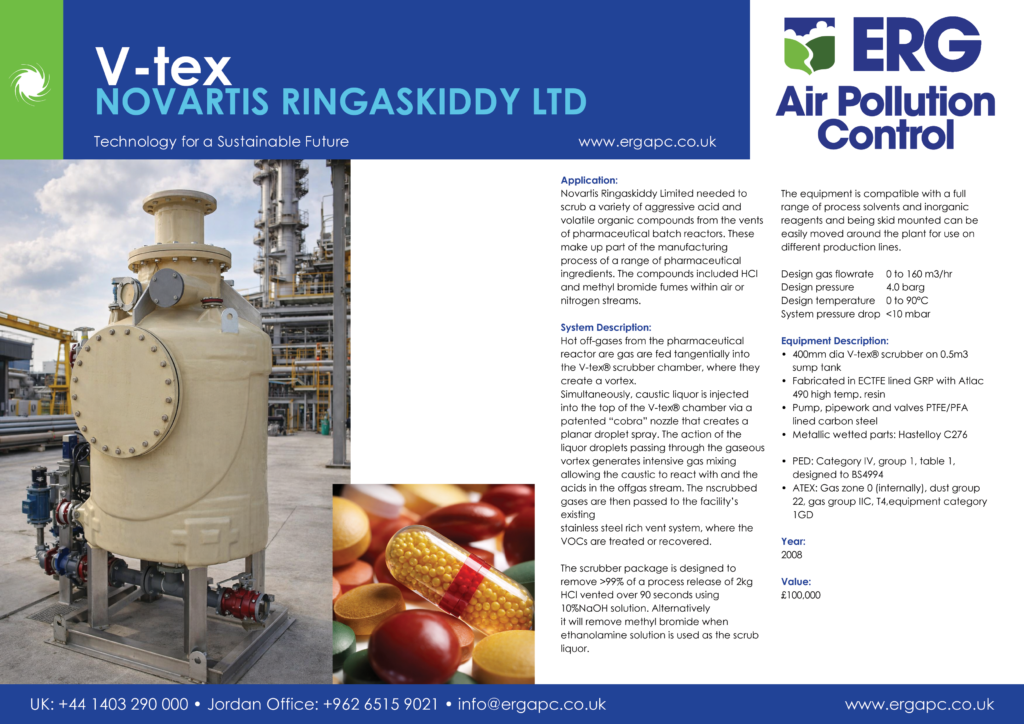 V-tex scrubber system installed for Novartis Ringaskiddy Ltd for pharmaceutical reactor vent gas treatment and VOC scrubbing