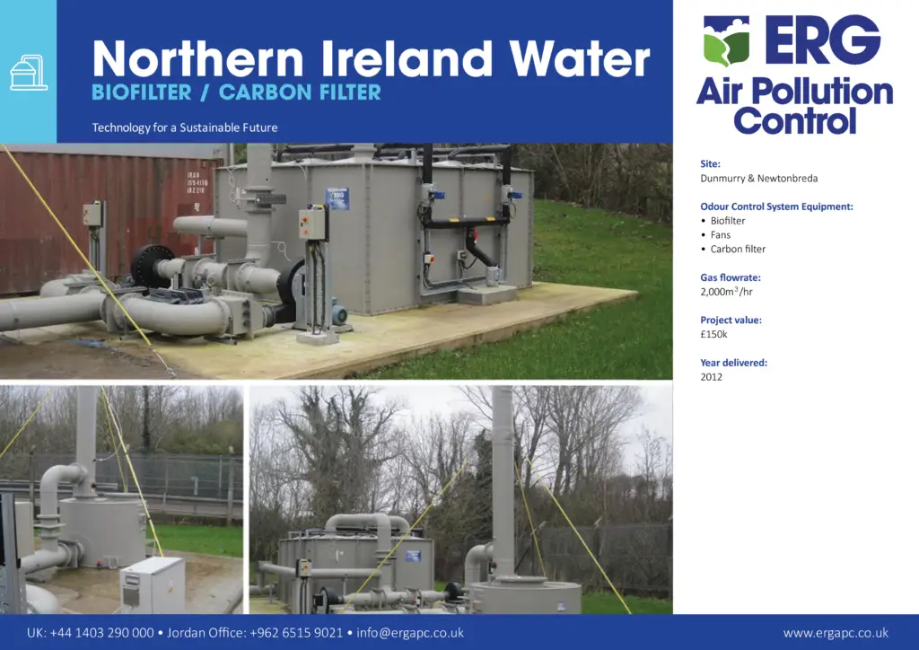 Northern Ireland Water biofilter and carbon filter odour control system at Dunmurry and Newtonbreda sites