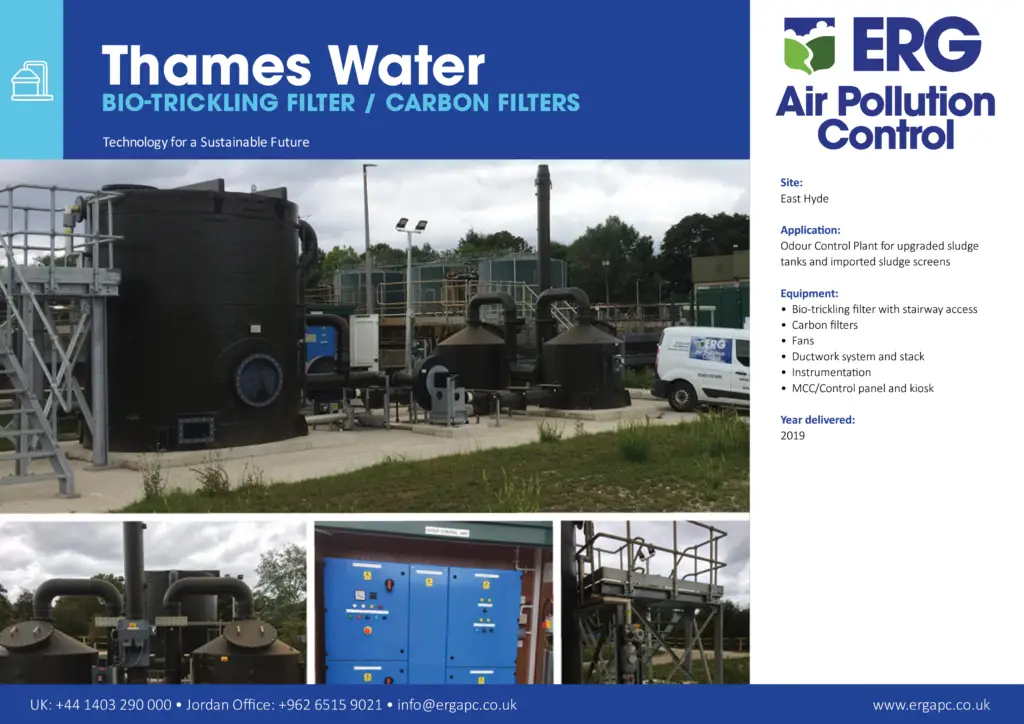 Thames Water East Hyde odour control system with bio-trickling filter and carbon filters for sludge treatment