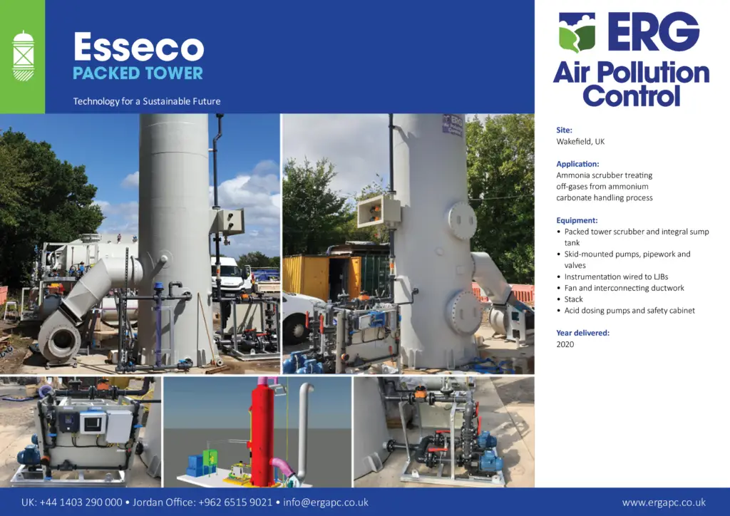 Esseco packed tower scrubber installation for ammonia off-gas treatment with pumps and ductwork in Wakefield UK