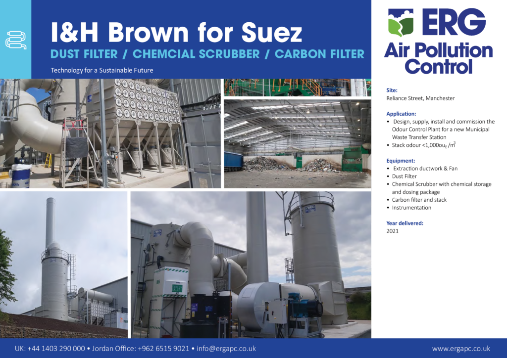 I&H Brown Suez air pollution control system with dust filter, chemical scrubber and carbon filter installation in Manchester